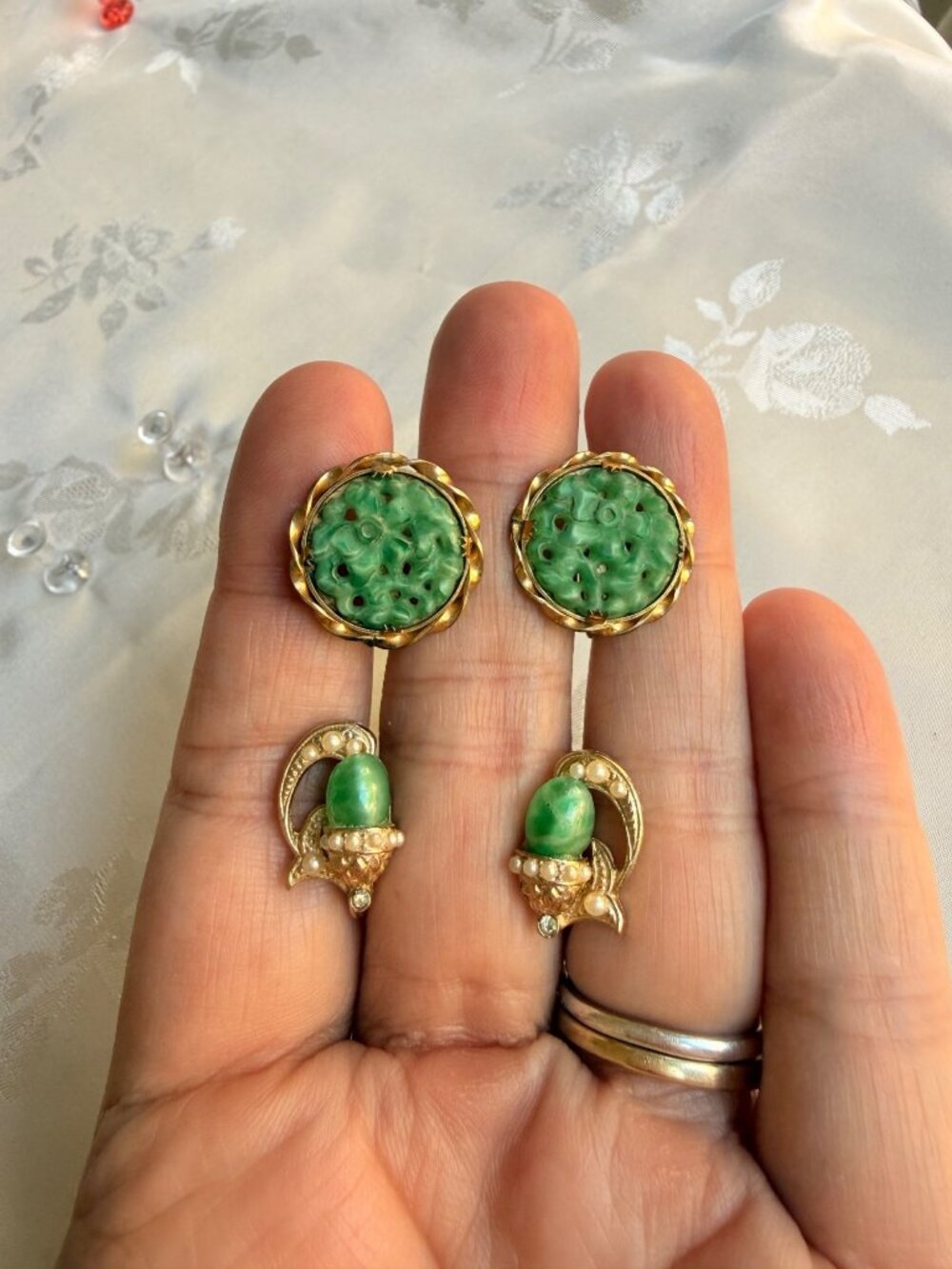 Vintage/Antique Gold-Tone Jade Green Carved Clip-On And Screwback Earrings Set